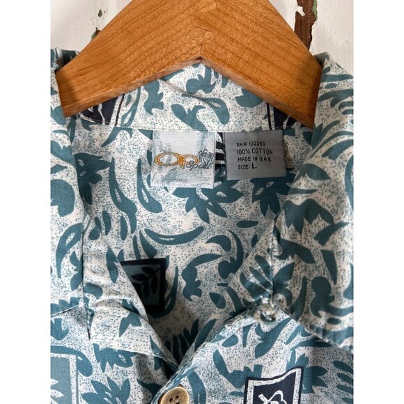 OP Sport Mens Size L Hawaiian Camp Shirt Blue Retro Print Cotton Blue Side Slits - Picture 6 of 10